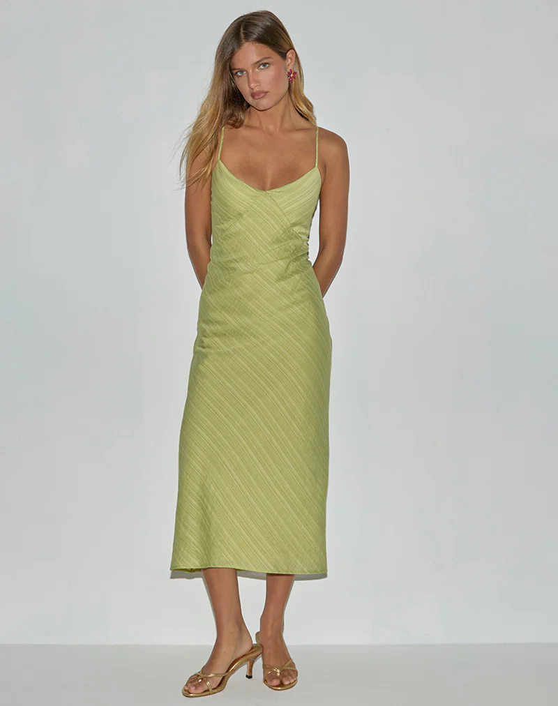 Elayna Midi Dress in Chiffon Stripe Green - Image 3