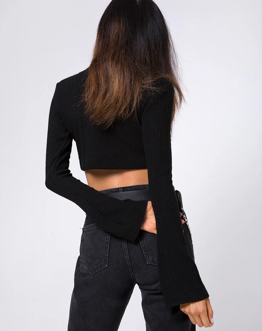 Elena Crop Top in Rib Knit Black - Image 2