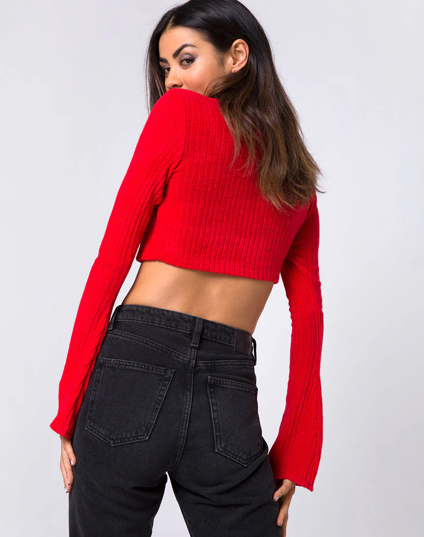 Elena Crop Top in Rib Knit Red - Image 2