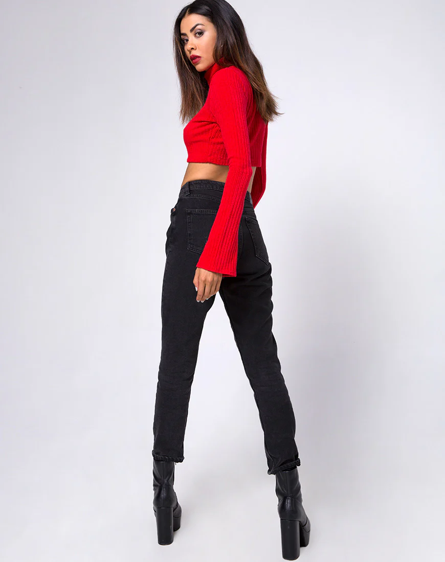Elena Crop Top in Rib Knit Red - Image 4