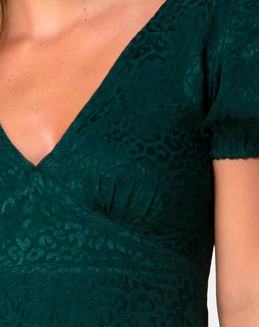 Elfy Mini Dress in Satin Cheetah Forest Green - Image 5
