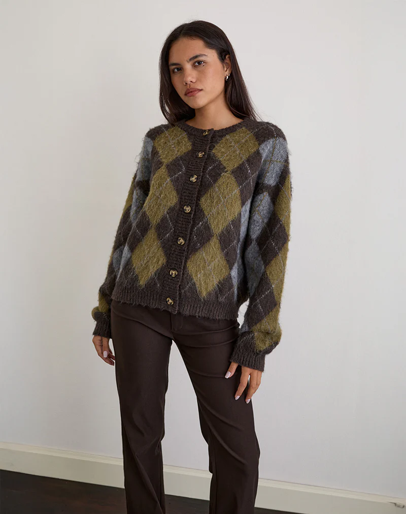 Eliana Cardigan in Knit Argyle Brown - Image 4