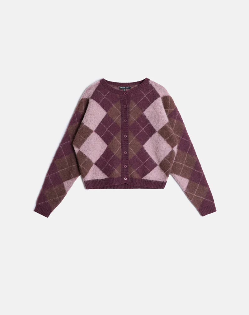 Eliana Cardigan in Knit Argyle Pink - Image 2