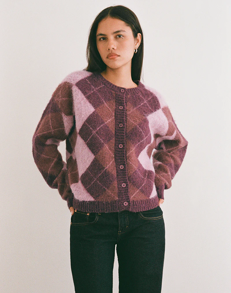 Eliana Cardigan in Knit Argyle Pink - Image 5