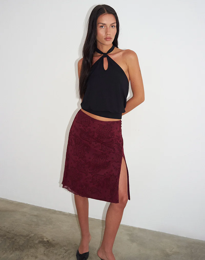 Elif Midi Skirt in Flock Compact Paisley Wine - Image 3