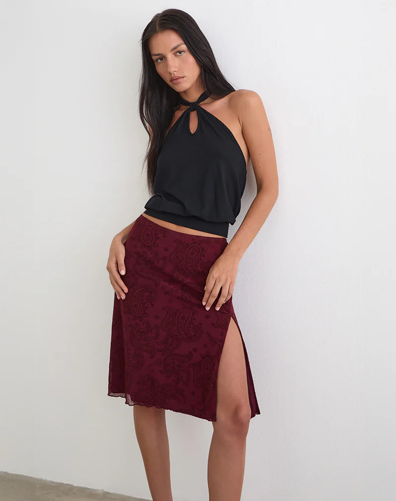 Elif Midi Skirt in Flock Compact Paisley Wine - Image 4