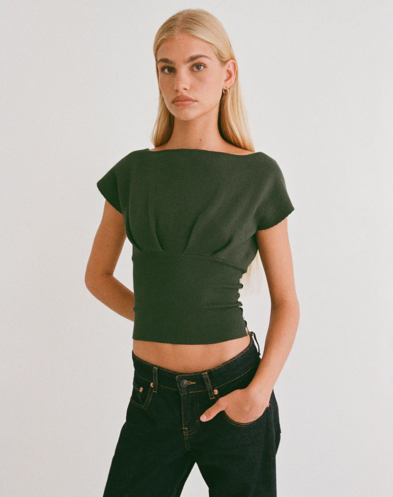 Elin Top in Knit Khaki with Pearl Buttons - Image 5