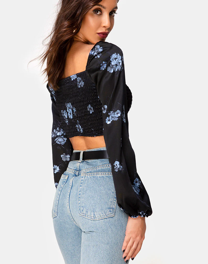 Elina Top in Satin Black Mono Flower - Image 2