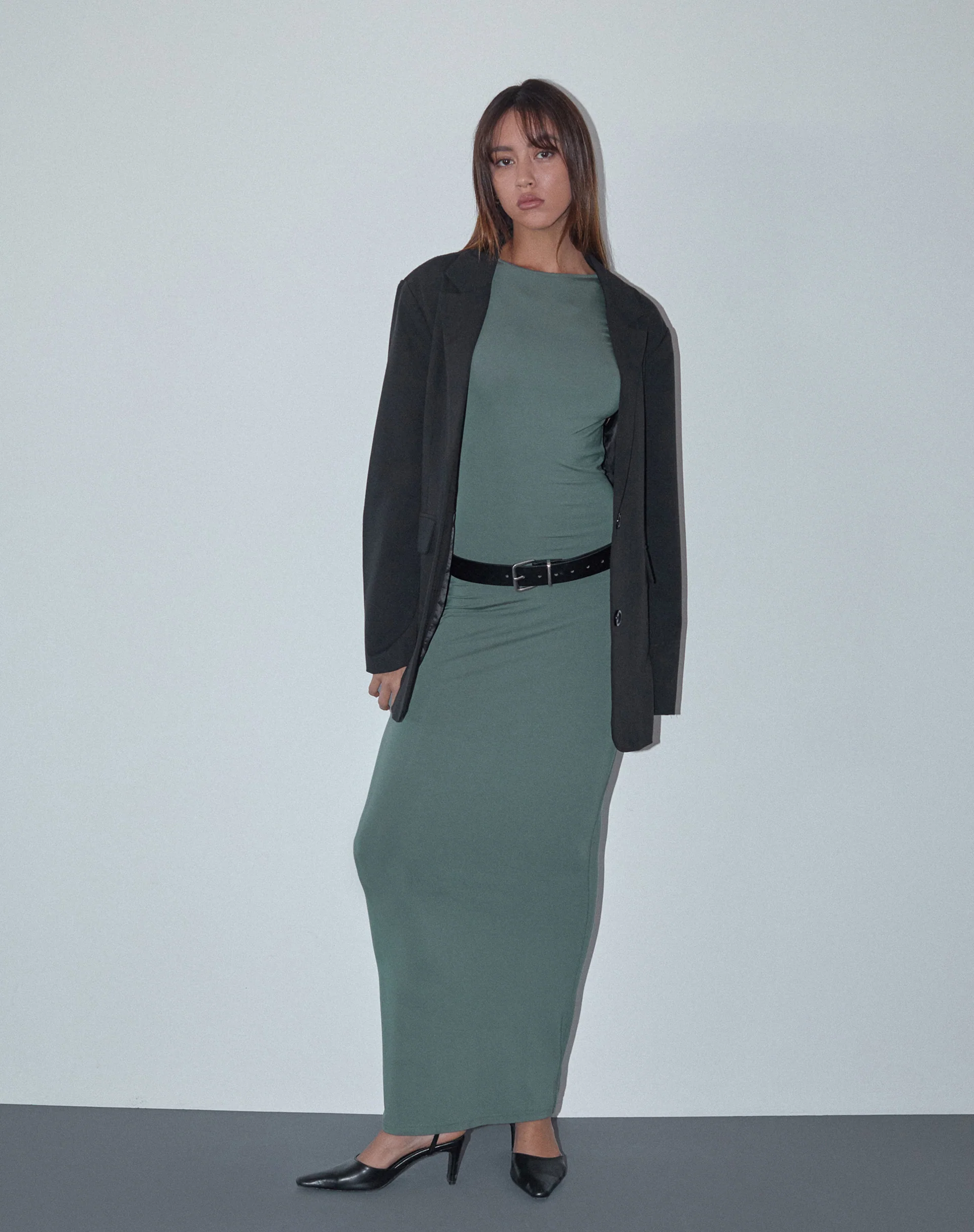Elinor Maxi Dress in Slinky Olive - Image 3