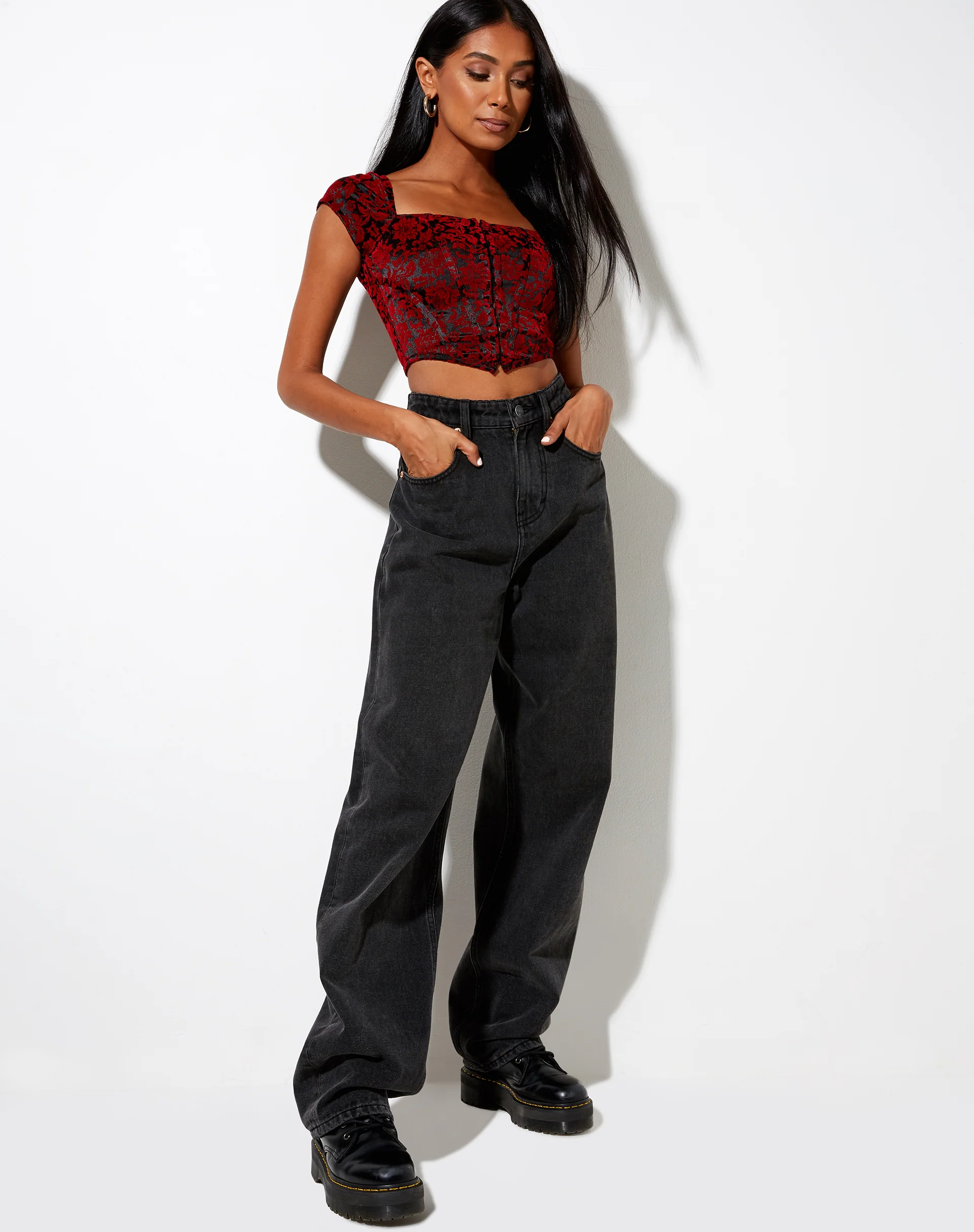 Elis Crop Top in Brocade Flower Black and Red - Image 3