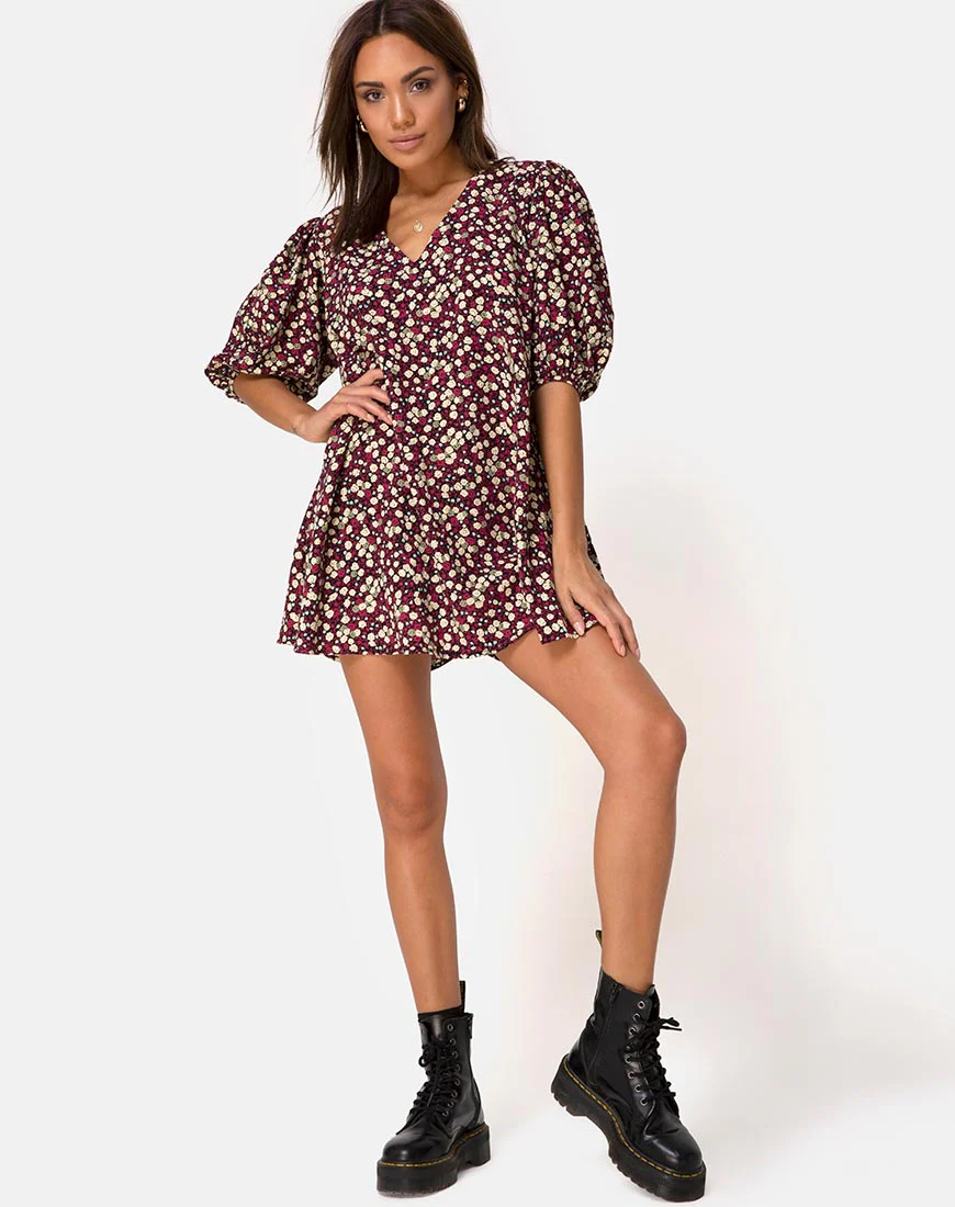 Elna Babydoll Dress in Floral Field Plum - Image 3