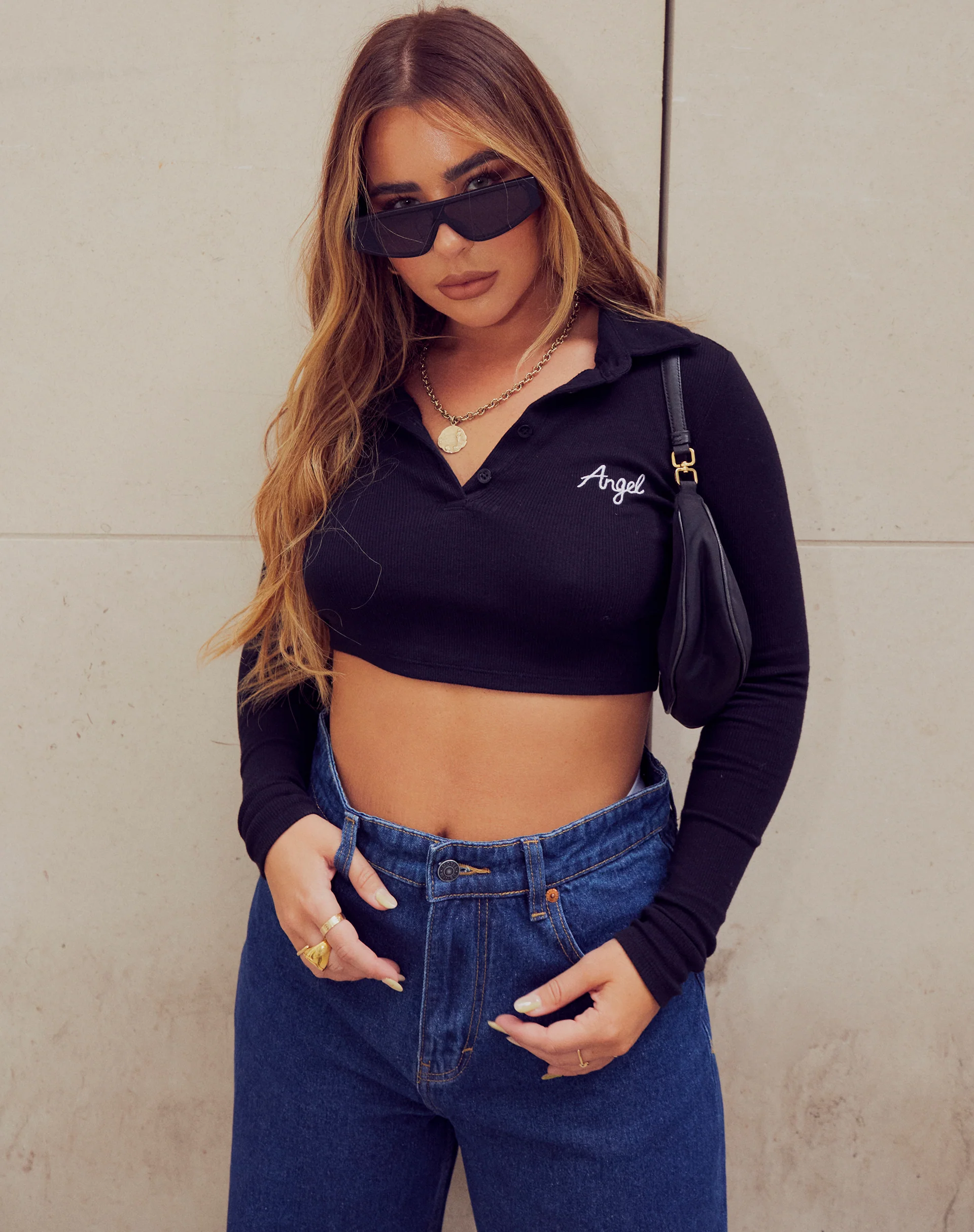 Elody Crop Top in Rib Black 'Angel' Embro - Image 2