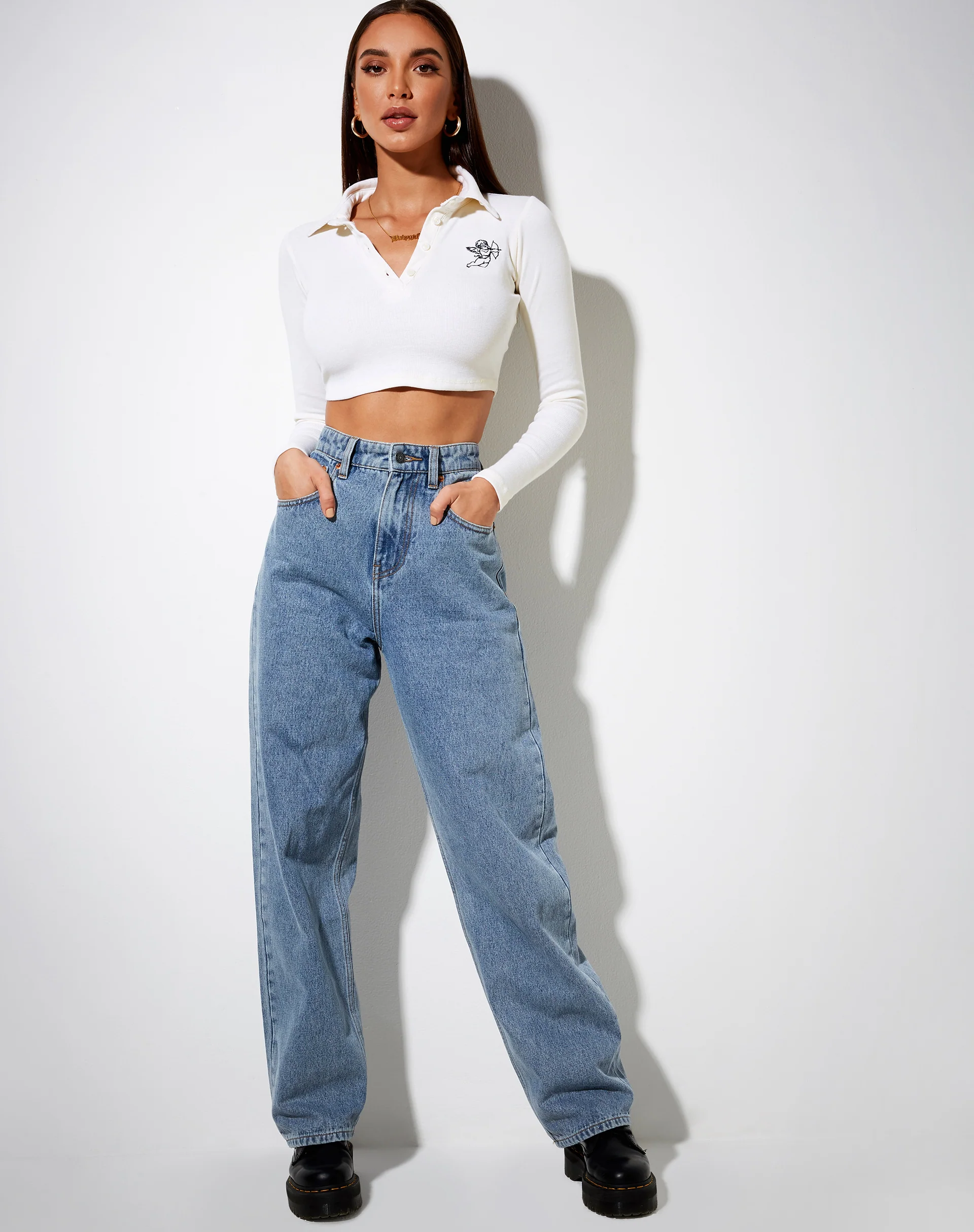 Elody Crop Top in Rib Ivory 'Cupid' Embro - Image 4