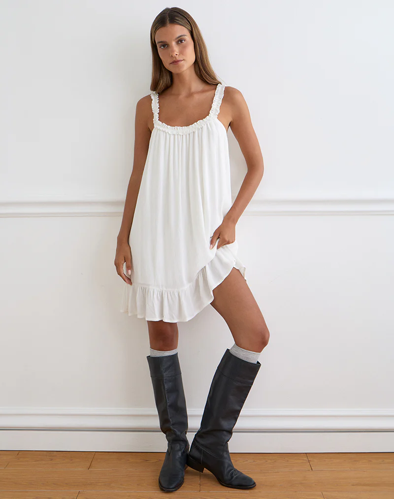 Elowen Frill Mini Dress in Crinkle Off White - Image 2