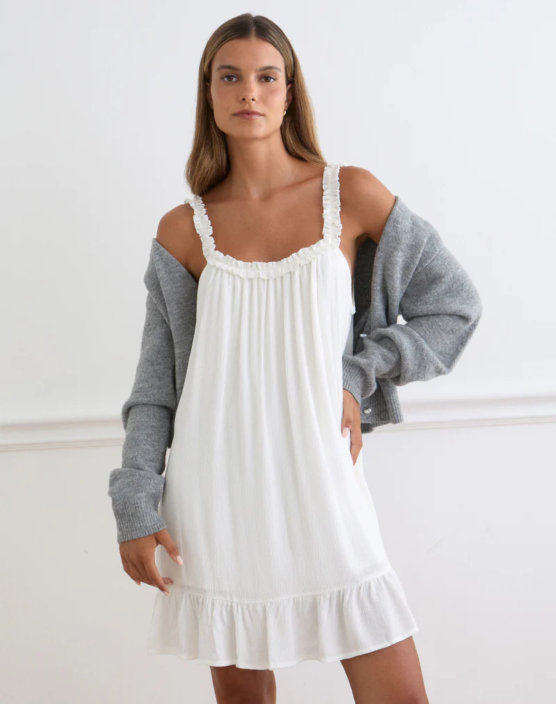 Elowen Frill Mini Dress in Crinkle Off White - Image 4