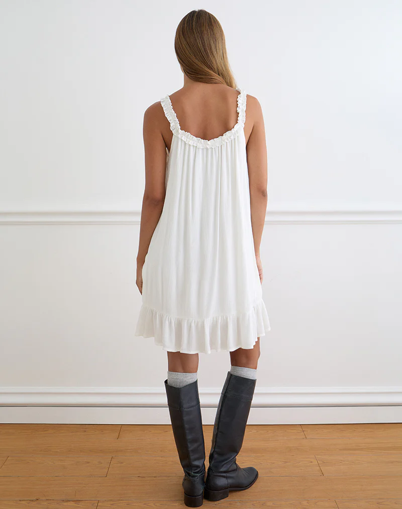 Elowen Frill Mini Dress in Crinkle Off White - Image 5