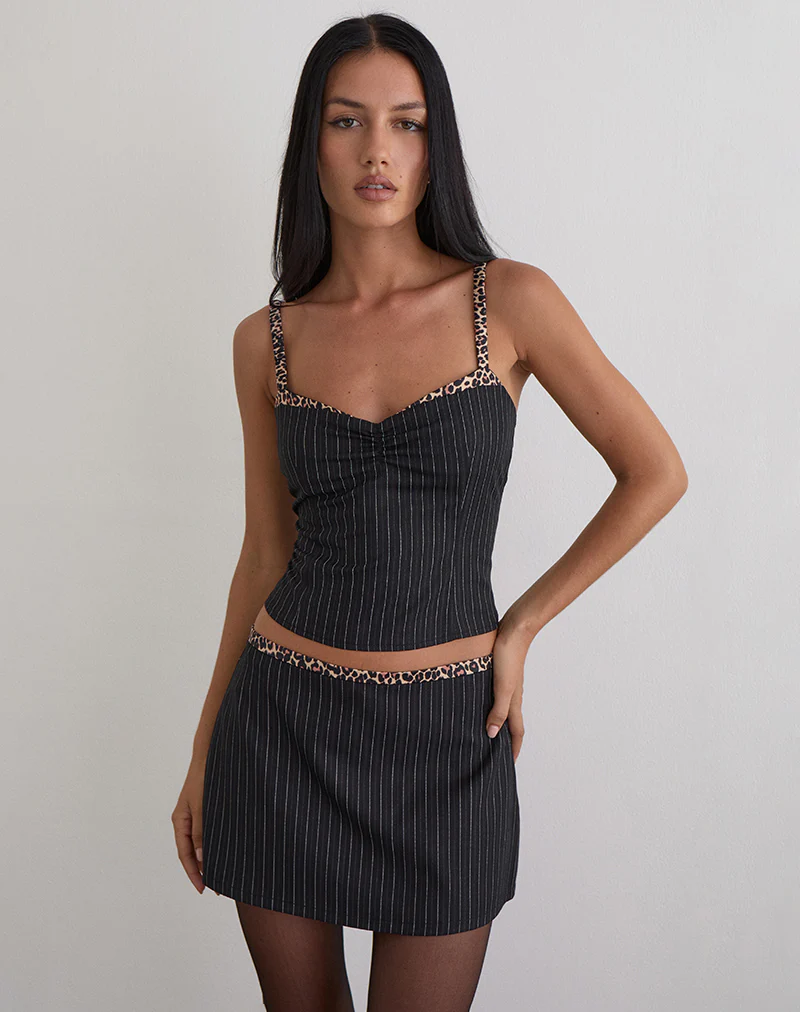 Elsa Top in Pinstripe Black with Leopard Binding - Image 5