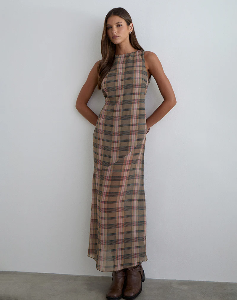 Elska Maxi Dress in Brown and Pink Blurry Check - Image 3