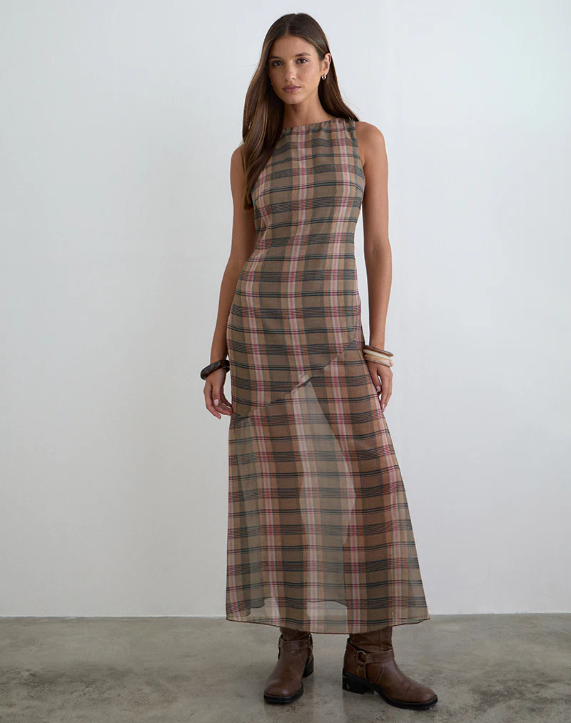 Elska Maxi Dress in Brown and Pink Blurry Check - Image 4