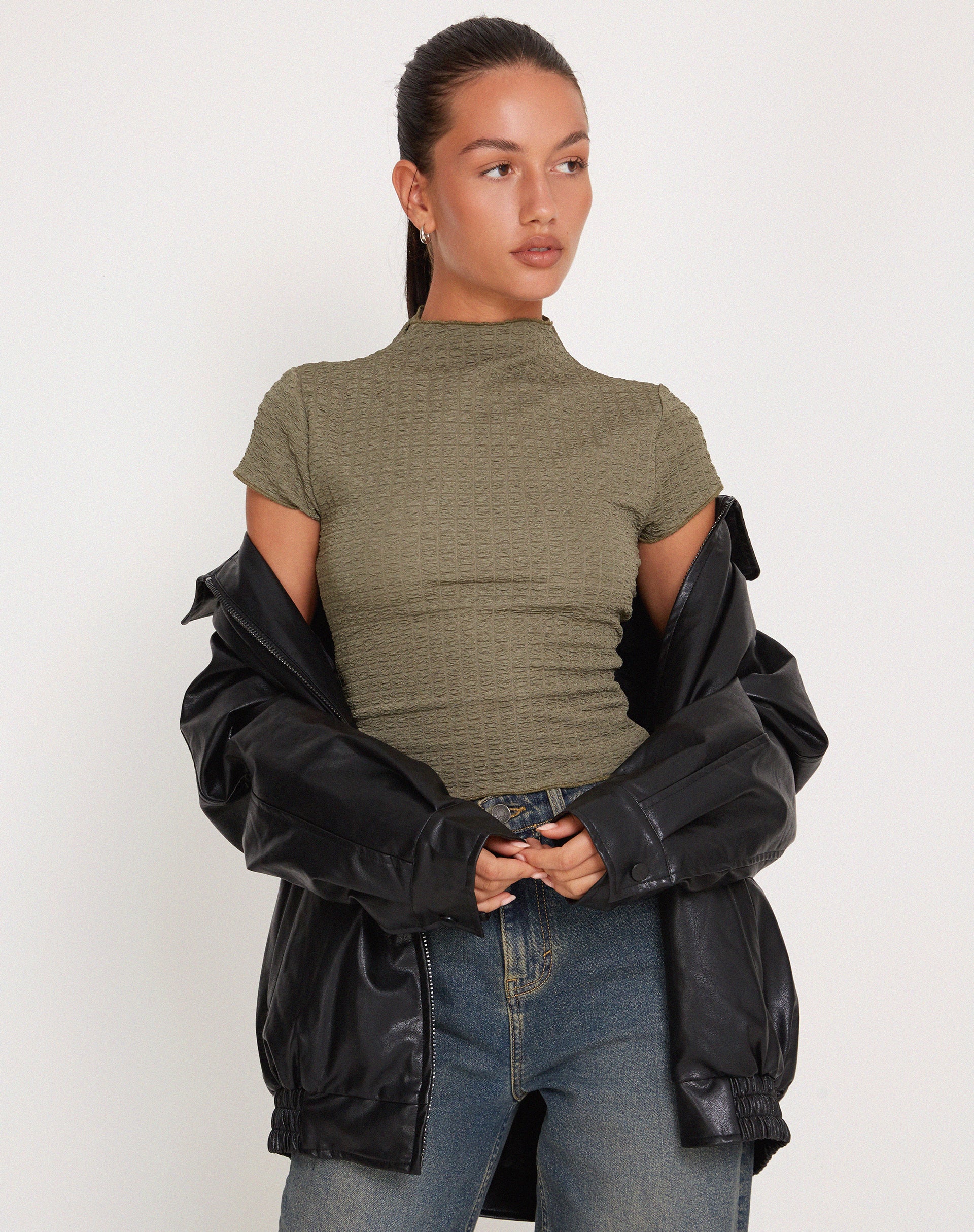 Elton High Neck Top in Khaki - Image 6