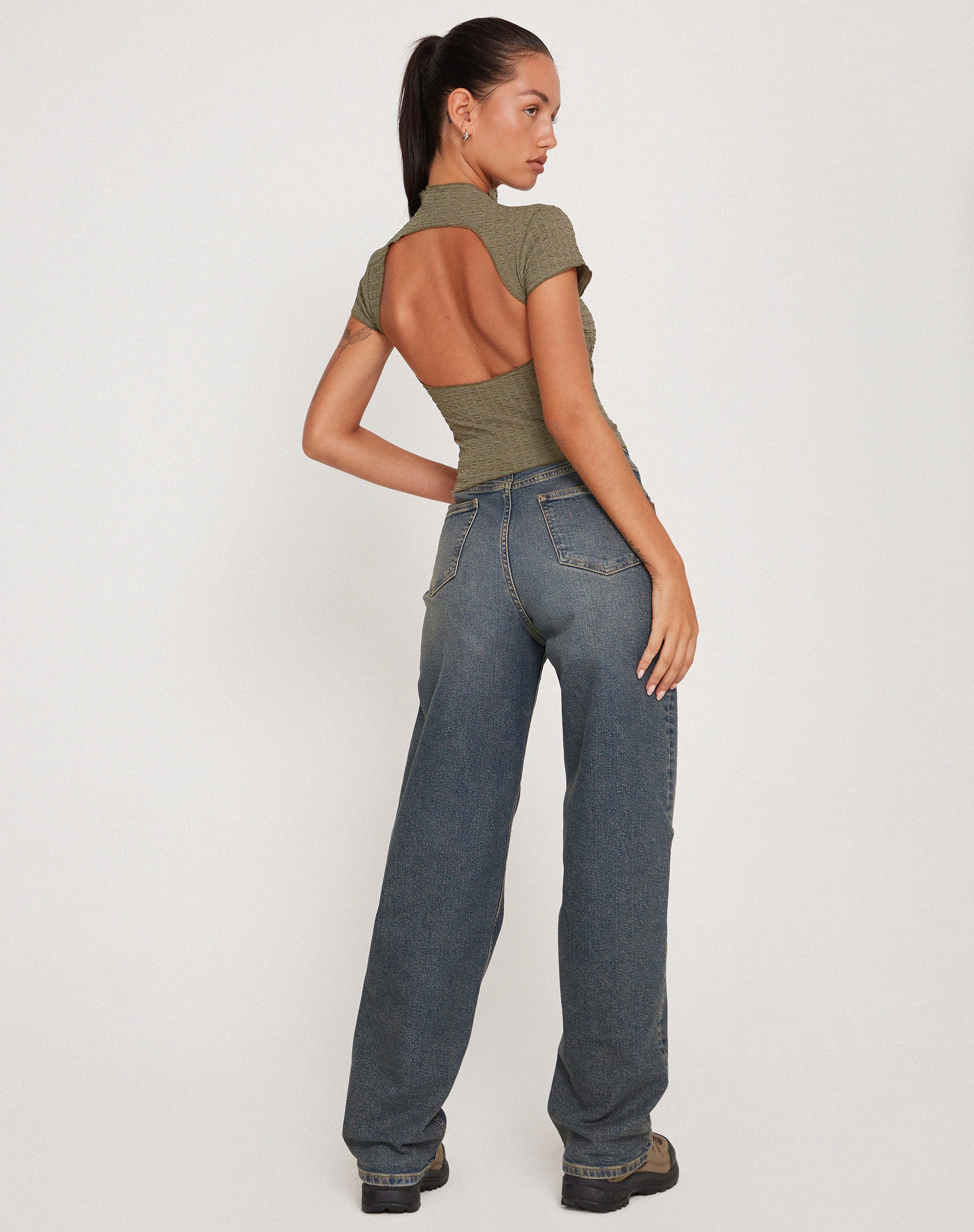 Elton High Neck Top in Khaki - Image 7