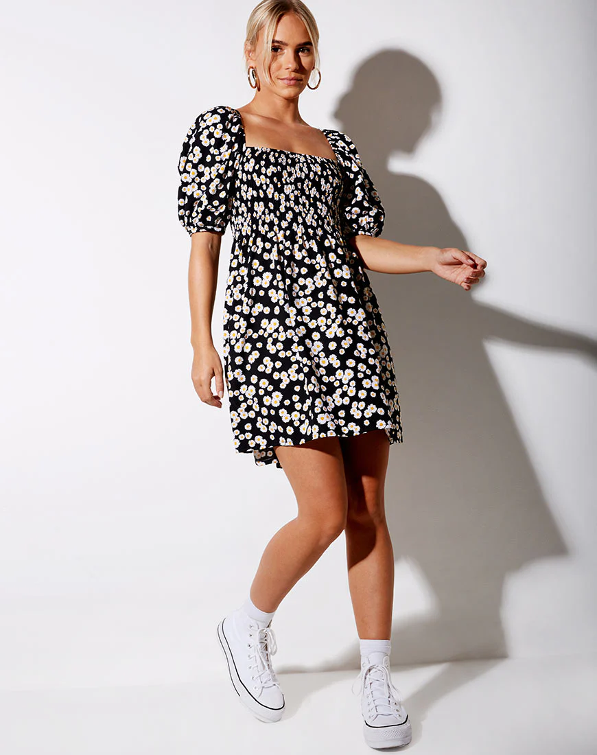 Eltra Babydoll Dress in Mini Daisy Black - Image 3
