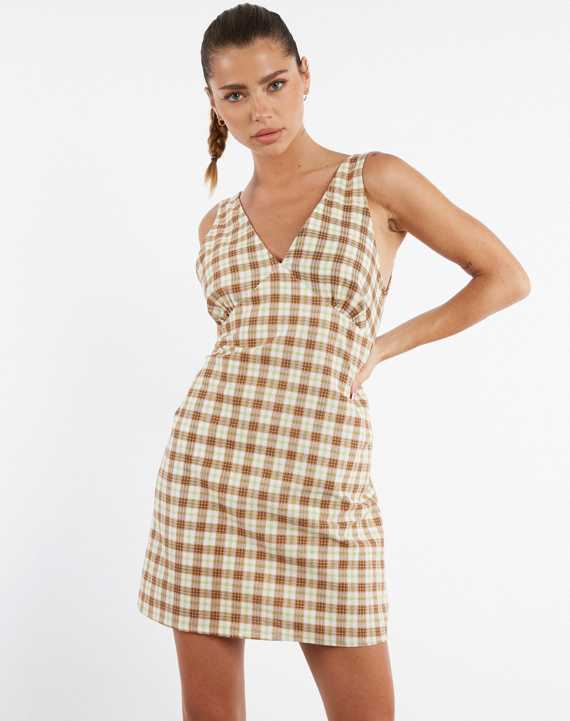 Eluned Day Dress in Yellow and Brown Check - Image 3