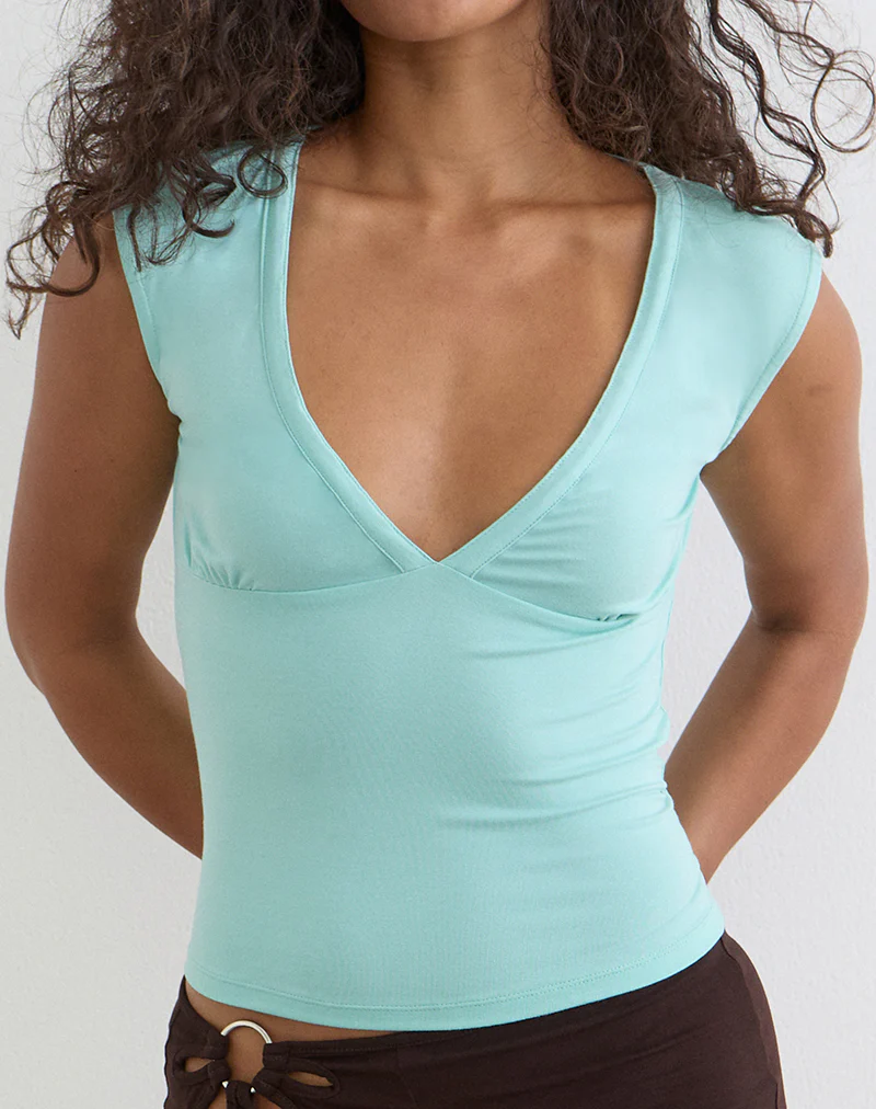 Emberly Plunge Top in Rayon Jersey Aqua - Image 2