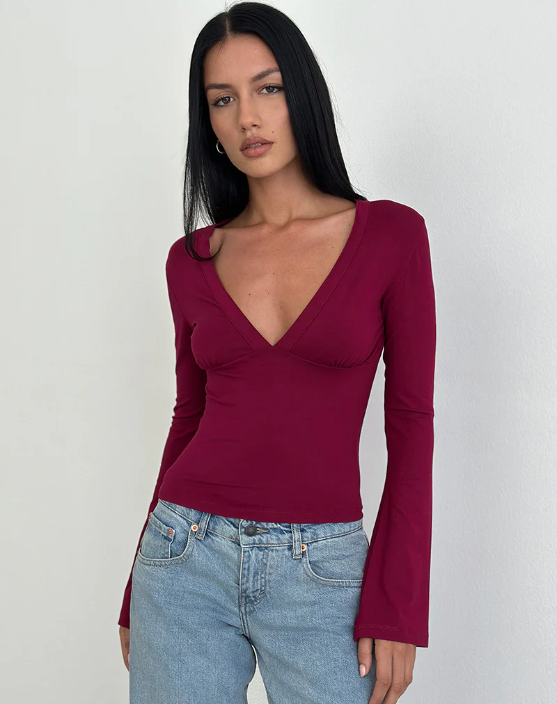 Emesy Long Sleeve Top in Burgundy - Image 2