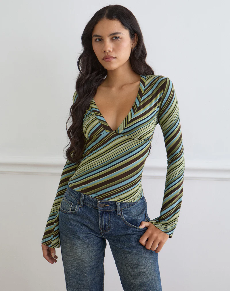 Emesy Long Sleeve Top in Mixed Stripe Green - Image 3
