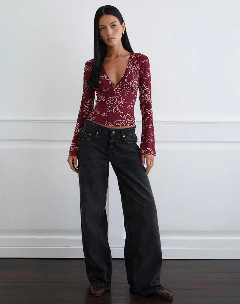 Emesy Long Sleeve Top in Outline Rose Marooon - Image 3
