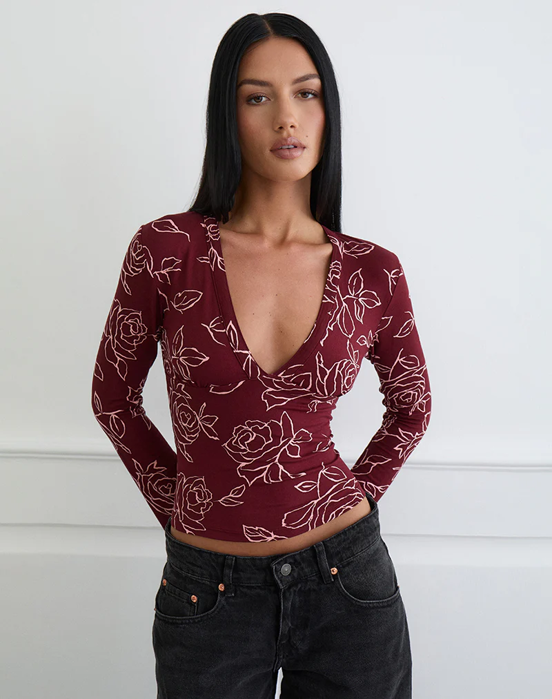 Emesy Long Sleeve Top in Outline Rose Marooon - Image 4