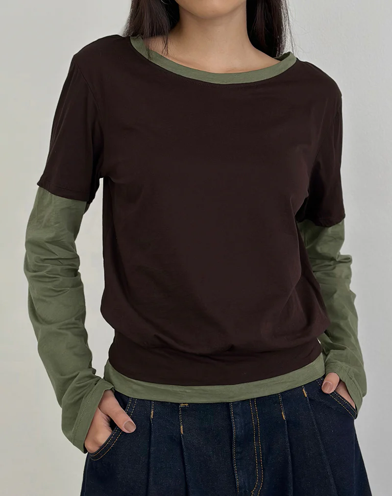 Enidy Long Sleeve Top in Jersey Chocolate and Khaki Combo - Image 2