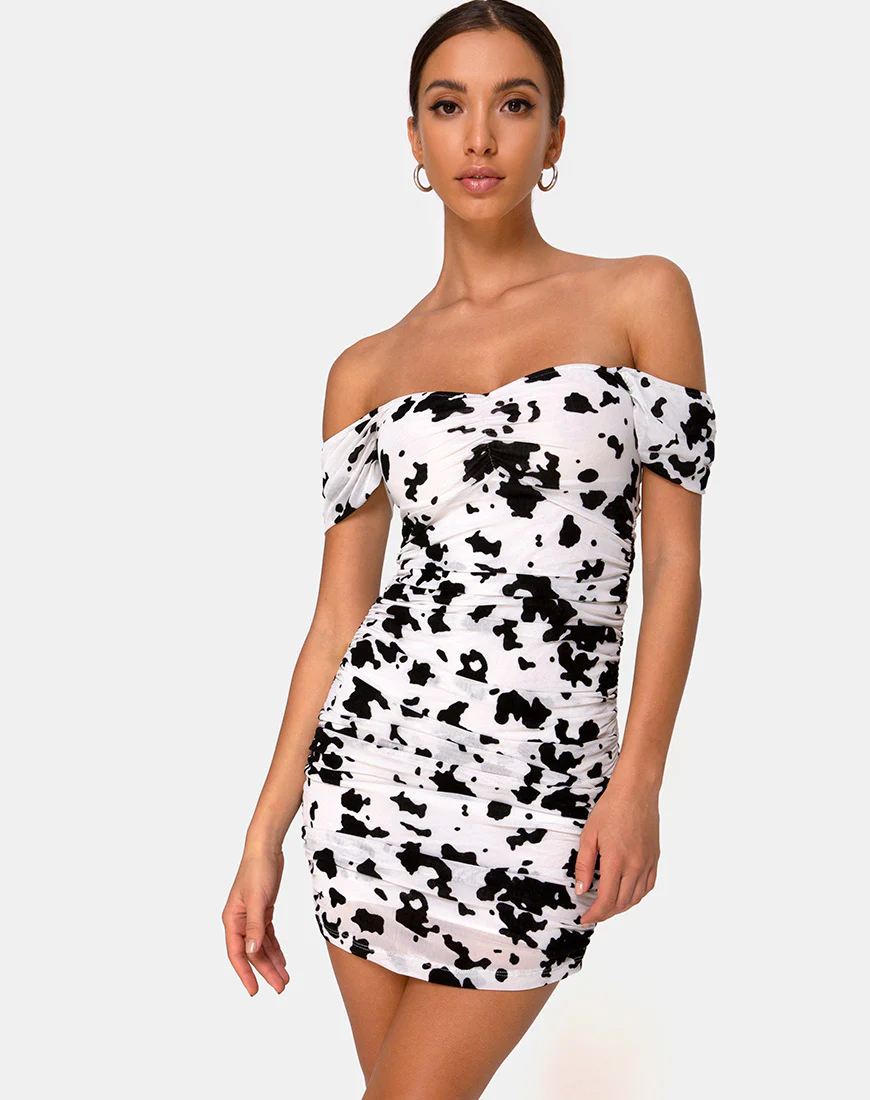 Ennete Off The Shoulder Dress in Flock Dalmatian Black and White - Image 3