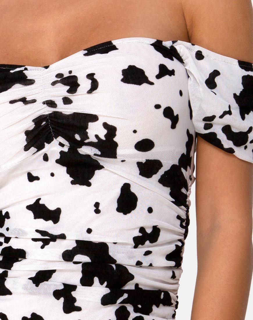 Ennete Off The Shoulder Dress in Flock Dalmatian Black and White - Image 7