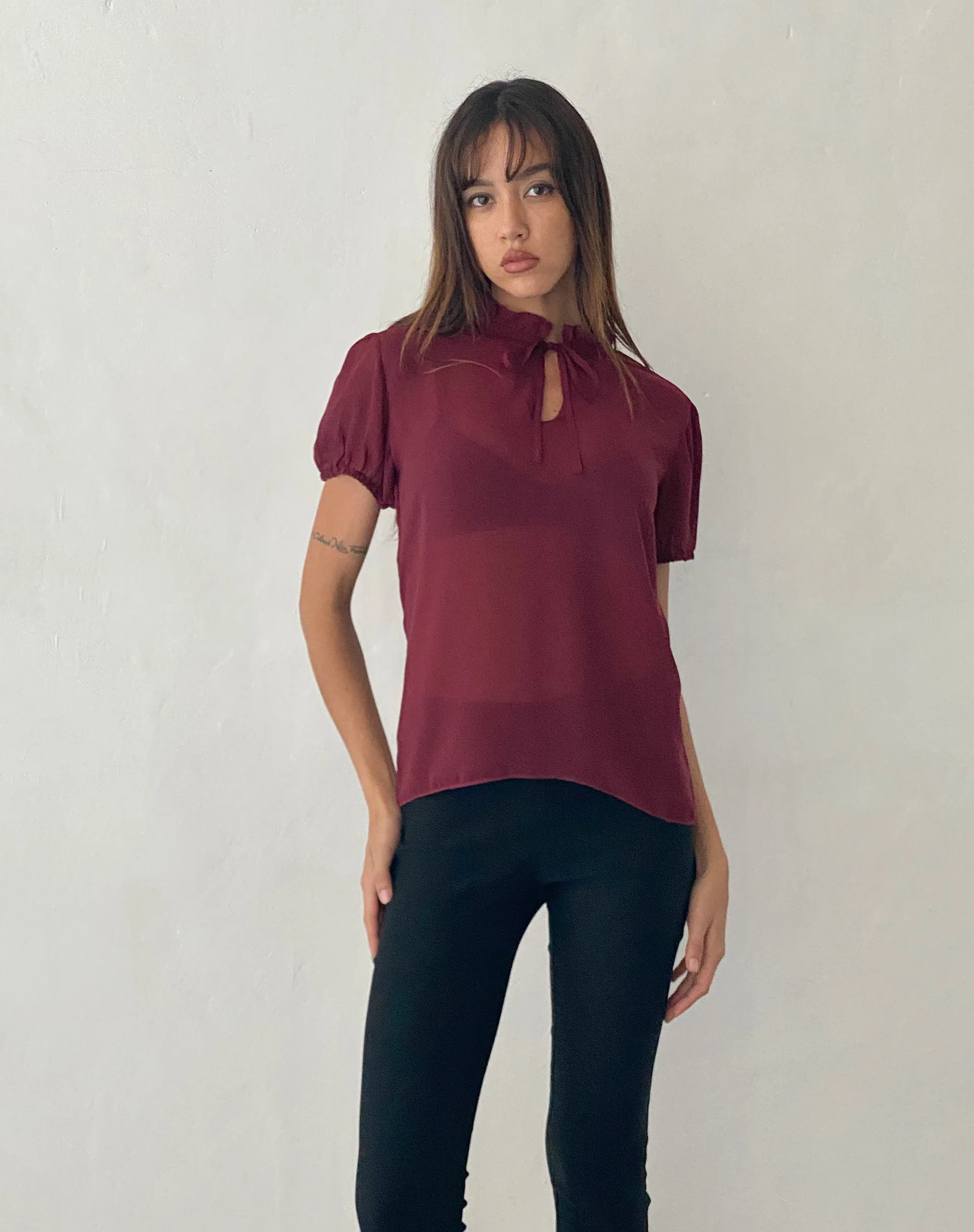 Enzo High Neck Blouse in Oxblood Chiffon - Image 2