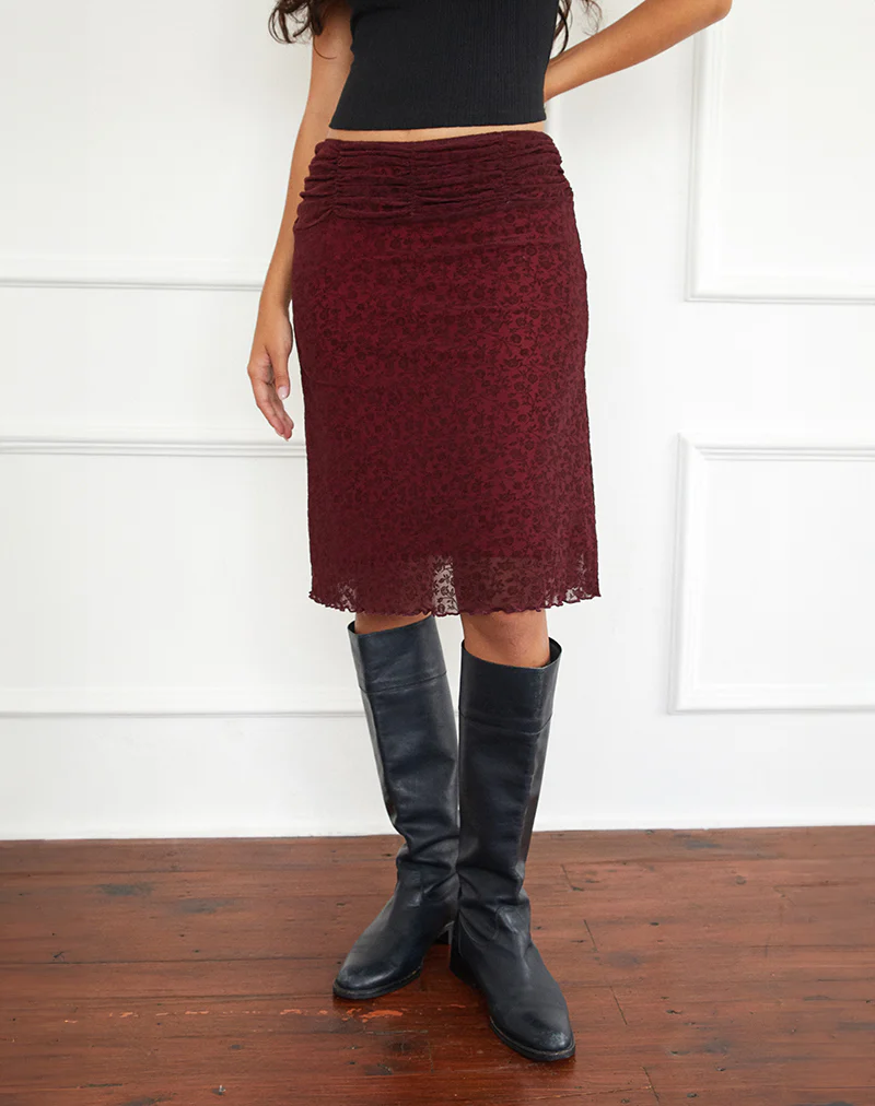 Erato Midi Skirt in Ditsy Flock Burnt Maroon - Image 3