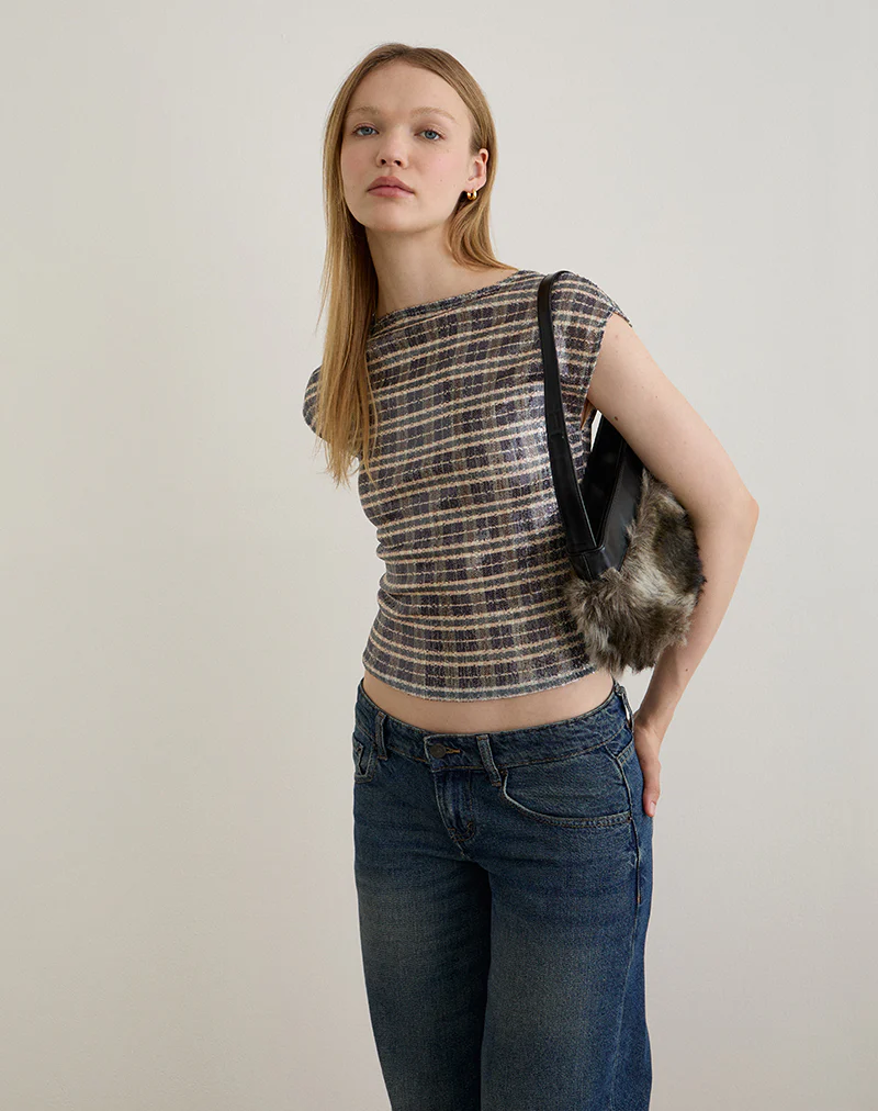 Erica Top in Sequin Vintage Check Brown - Image 2