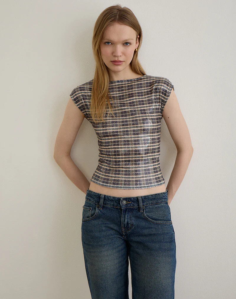 Erica Top in Sequin Vintage Check Brown - Image 5
