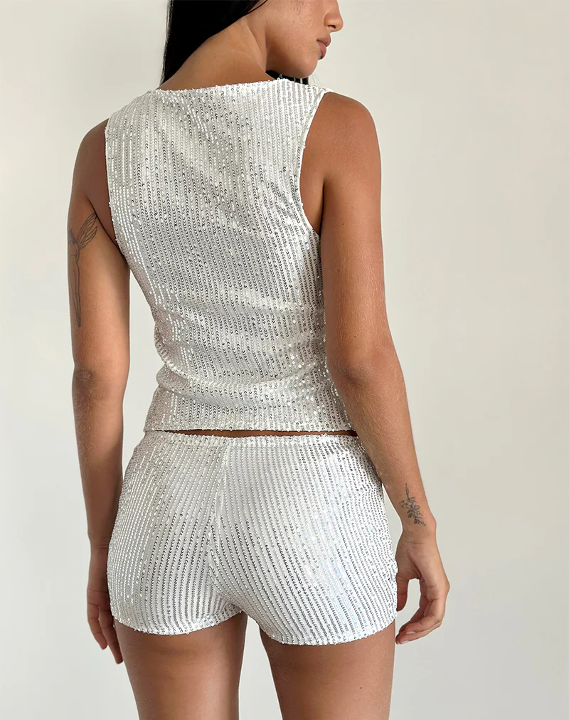 Erna Micro Shorts in Silver Chrome Sequin - Image 4