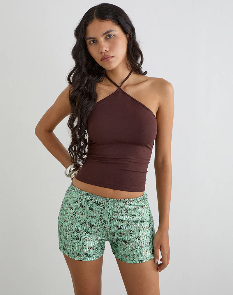 Erna Micro Short in Paisley Sequin Teal - Image 2