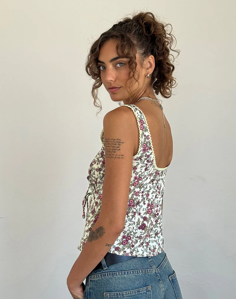 Esau Tie Front Top in Vintage Bloom Ivory - Image 3