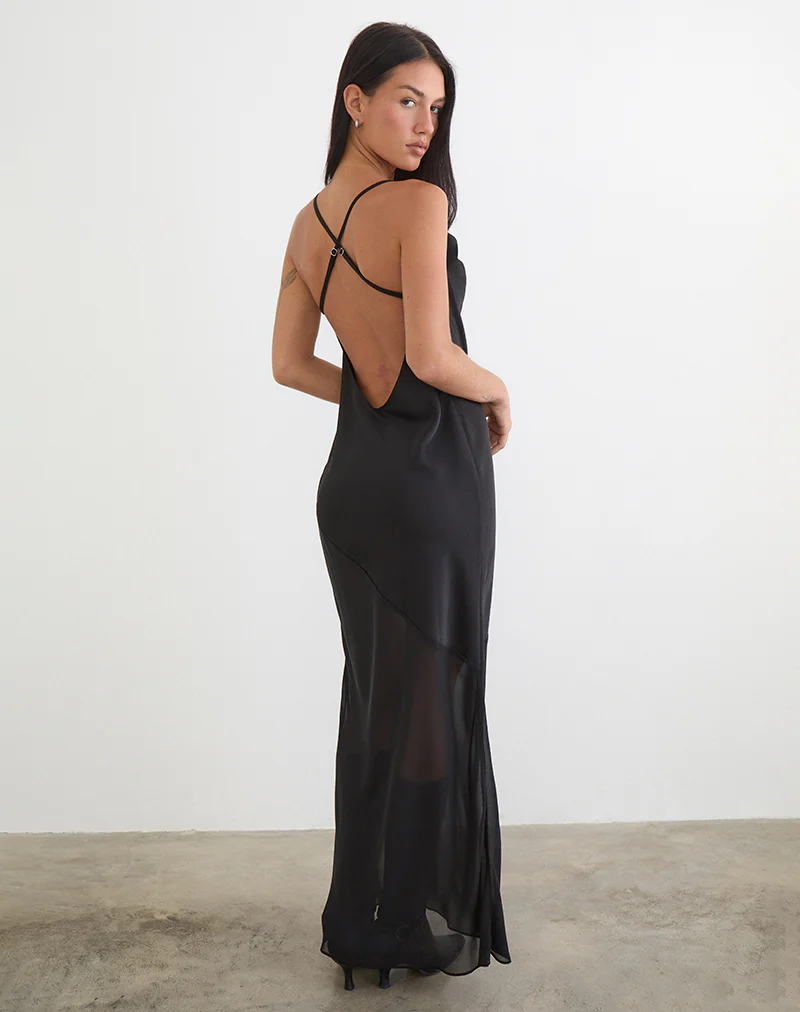 Eshara Maxi Dress in Chiffon Satin Black - Image 2