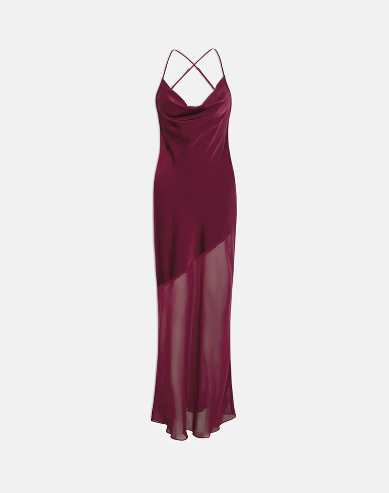 Eshara Maxi Dress in Chiffon Satin Burgundy - Image 3