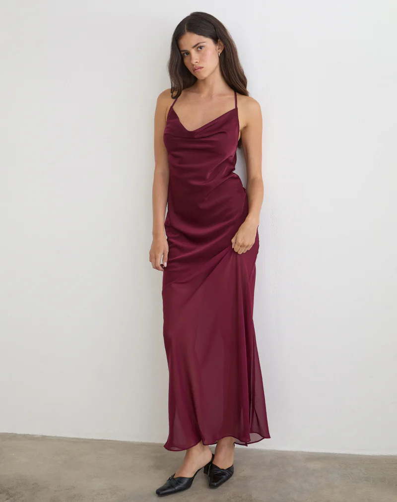 Eshara Maxi Dress in Chiffon Satin Burgundy - Image 4