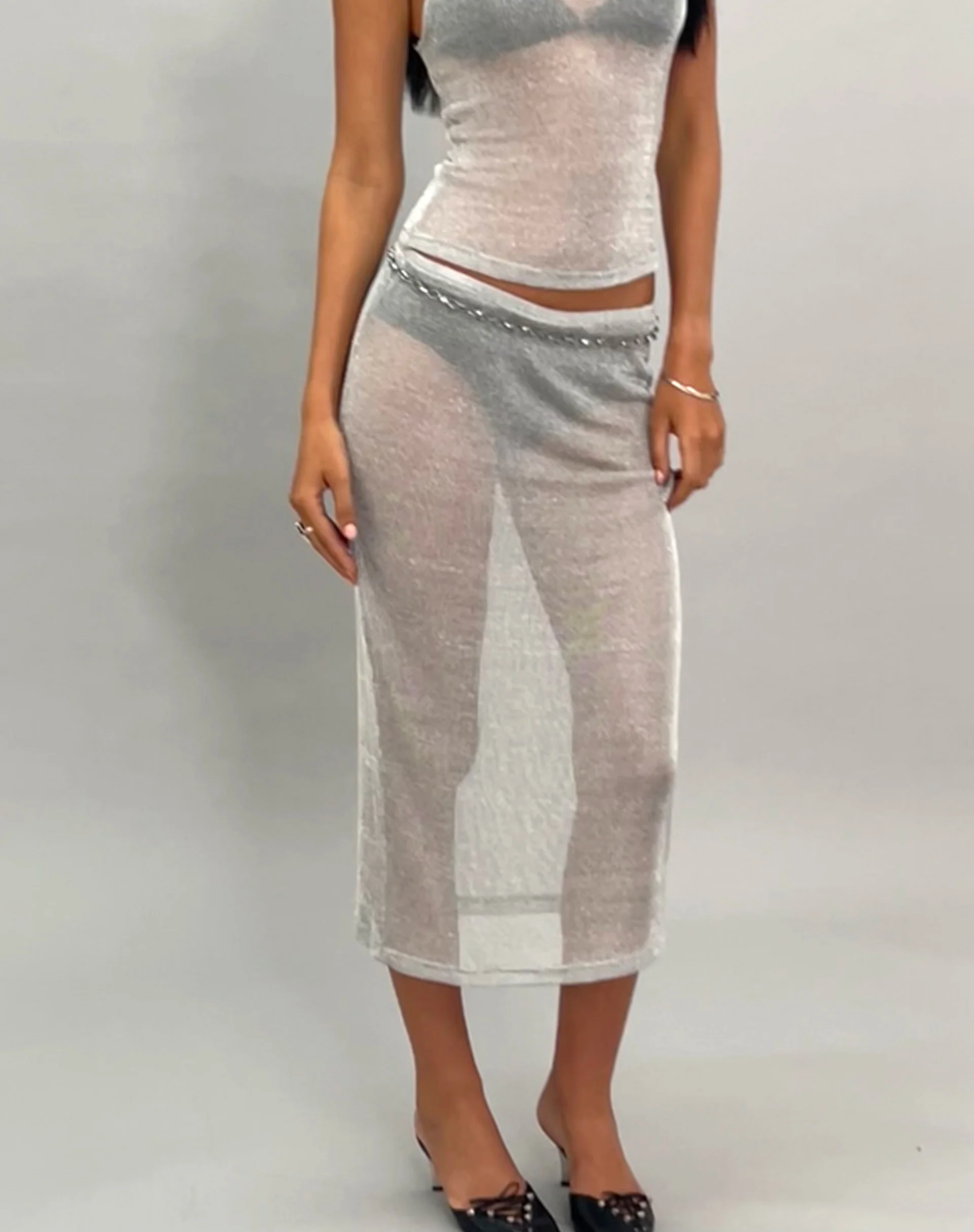Esra Midi Skirt in Silver Chain - Image 4
