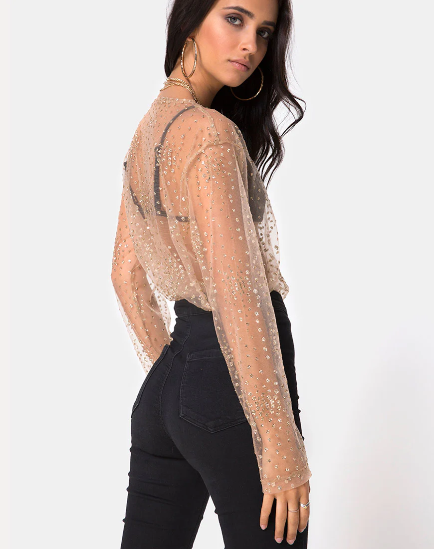 Ether Longsleeve Top in Gold Glitter on Net Tan - Image 2