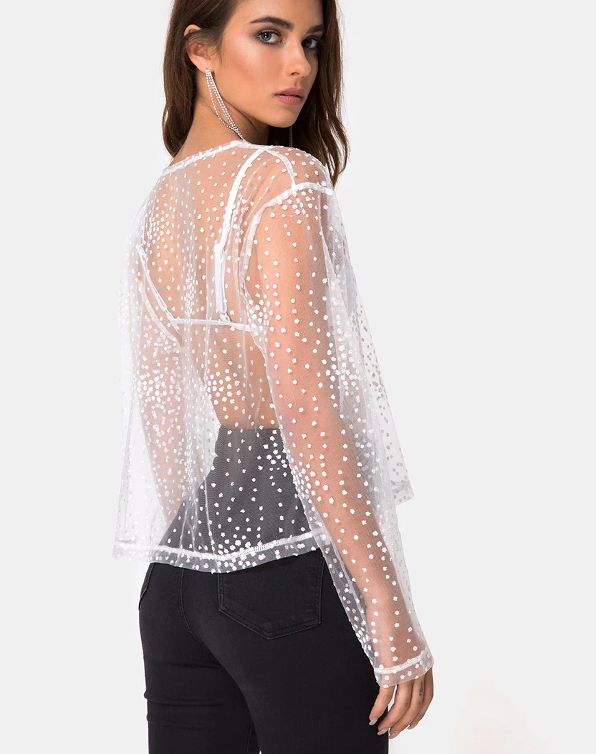 Ether Longsleeve Top in White Glitter on Net White - Image 2
