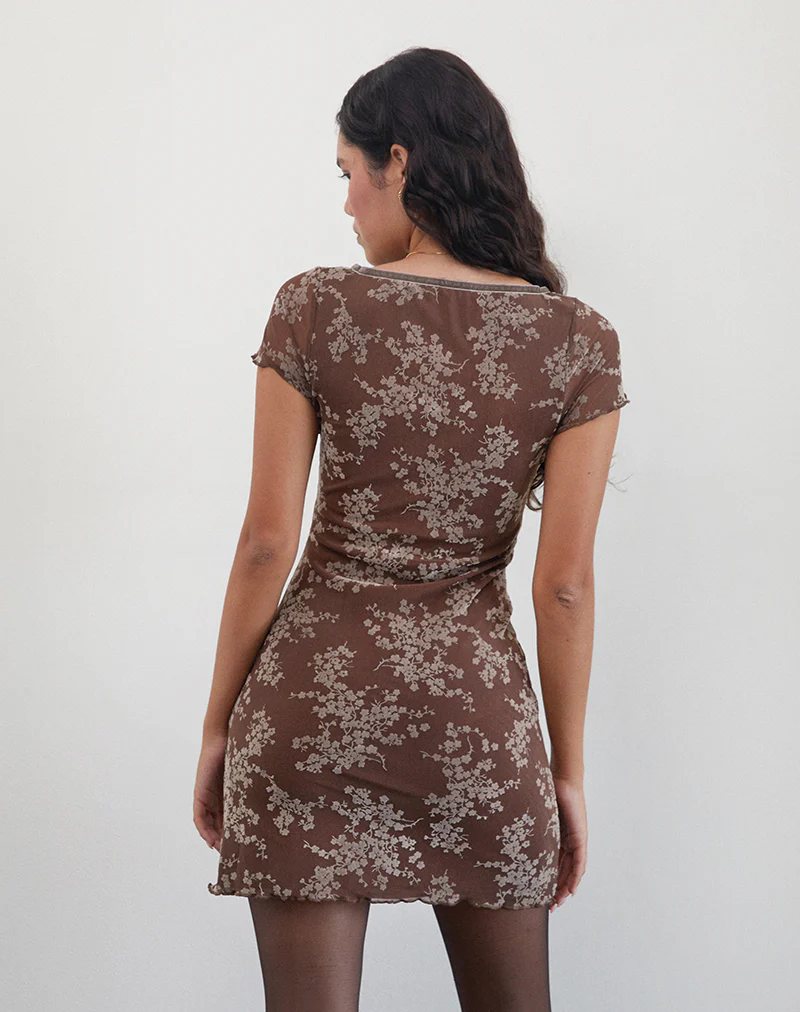 Evilia Mini Dress in Floral Blooming Vines Brown - Image 3