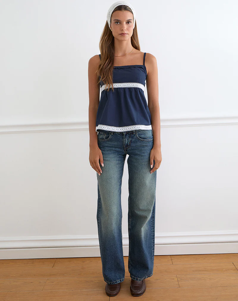 Evren Cami Top in Dark Navy with Lace Trim - Image 3